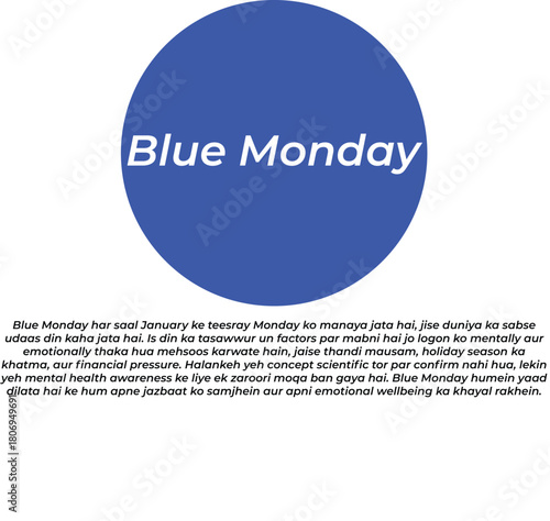 Blue Monday awareness graphic with bilingual Urdu-Hindi-English text on emotional wellbeing and mental health