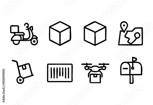Various icons depict key elements of delivery services, including a scooter, packages, a map location, and a drone, illustrating contemporary logistics solutions.