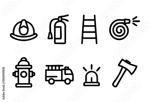 A collection of fire safety tools is shown, including a helmet, fire extinguisher, ladder, fire hose, hydrant, fire truck, light, and axe. These items are essential for firefighting.
