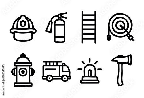 Various firefighting tools are displayed, including a helmet, fire extinguisher, ladder, fire hose, truck, hydrant, alarm, and axe, showcasing essential firefighting gear.