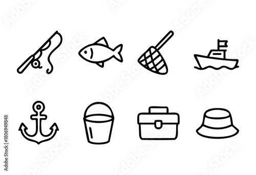 Collection of fishing-related icons including a fishing rod, fish, net, boat, anchor, bucket, toolbox, and hat, highlighting activities by the water for a sunny day.