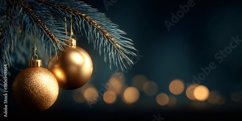 Golden Christmas ornament hanging on a festive fir branch. Holiday decoration with warm bokeh light background for greeting card.