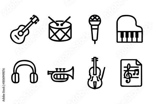 Various musical instruments and symbols are illustrated in a minimalist line art style, featuring a guitar, drums, microphone, piano, and more.