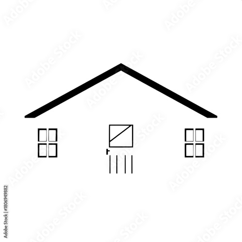 Minimal house emblem featuring a gabled roof with a slight incline, a square door window with a thin frame, and two small left-side windows with identical frame styling, presented in a clean and simpl