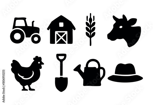Silhouettes represent various elements of farm life including a tractor, barn, cow, chicken, and gardening tools. This design captures the essence of rural farming activities and animals.
