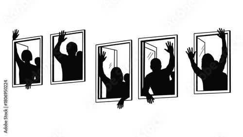 Silhouettes waving from openings isolated on white background, Vector
