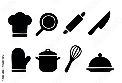 Various kitchen tools are displayed including a chef's hat, rolling pin, knife, pot, and whisk, showcasing essentials for cooking and meal preparation.