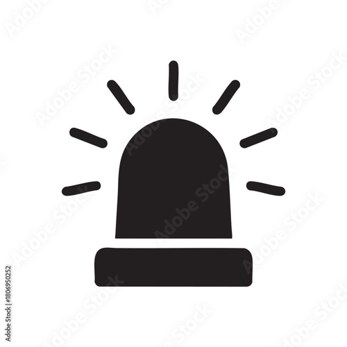 A simple black and white illustration depicts a classic emergency siren with radiating light bursts above it