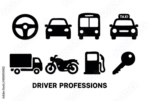 A collection of black icons illustrating different driver professions, including a taxi, bus, truck, motorcycle, fuel pump, steering wheel, and a key. The graphic highlights transportation roles.