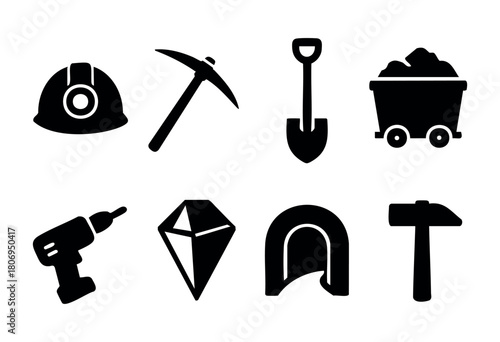 A collection of essential tools for mining and construction is arranged. Items include a hard hat, pickaxe, shovel, cart with materials, drill, diamond shape, tunnel arch, and hammer.