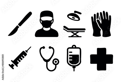 This graphic displays essential medical symbols including a surgical knife, healthcare worker, examination table, gloves, syringe, stethoscope, IV bag, and cross emblem for healthcare.