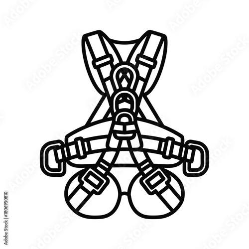 Line art illustration of a full-body safety harness for fall protection, essential personal protective equipment for work safety