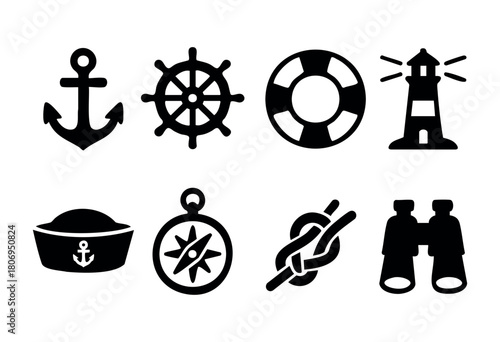 Graphic representation of nautical symbols, including an anchor, compass, lifebuoy, and lighthouse. These elements highlight maritime safety and navigation tools.