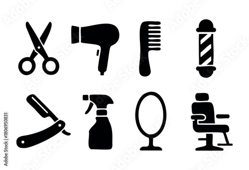 Different barber tools are displayed, including scissors, a hairdryer, a comb, and a mirror, showcasing essentials for hairstyling and grooming in a salon setting.