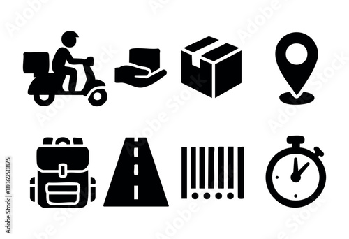 A set of icons representing delivery services includes a scooter, package, map pin, road, backpack, and stopwatch, emphasizing tools for quick transport and tracking.