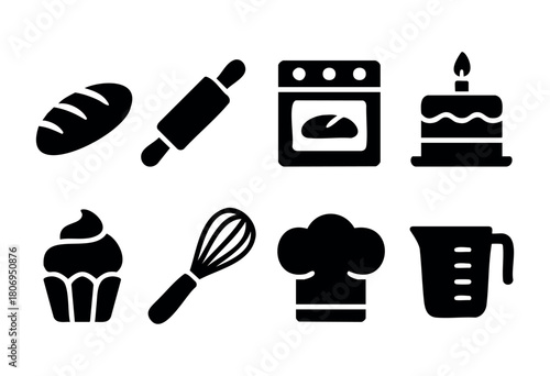 Various baking icons highlight essential tools and delicious treats like bread, cake, cupcakes, and a chef's hat, capturing the joy of cooking in a kitchen setting.