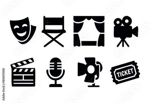 Various icons symbolize different aspects of theater and film, including masks, chairs, cameras, and tickets, showcasing the vibrant world of entertainment.