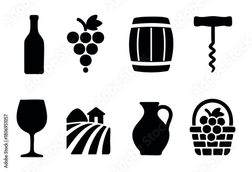 Collection of black icons illustrating essential aspects of wine production, including grapes, barrels, glasses, and farming, highlighting the art of winemaking and enjoyment.