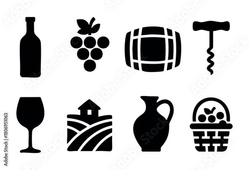 Silhouetted symbols depict key elements of wine making, including a bottle, grapes, barrel, corkscrew, wine glass, farm, pitcher, and a basket full of grapes, all on a plain background.