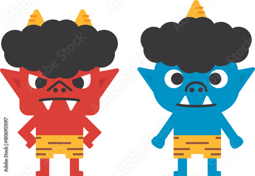 節分_可愛い赤鬼と青鬼の全身