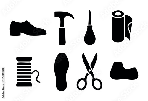 A collection of shoemaking tools and materials features silhouettes of shoes, a hammer, scissors, and thread. This design highlights the essential items for crafting footwear.