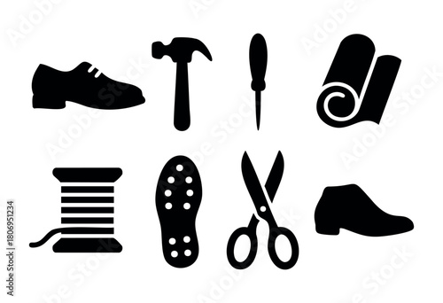 Various silhouettes showcasing essential tools and materials for shoe-making, including shoes, a hammer, scissors, and a spool of thread. The design captures craftsmanship elements.
