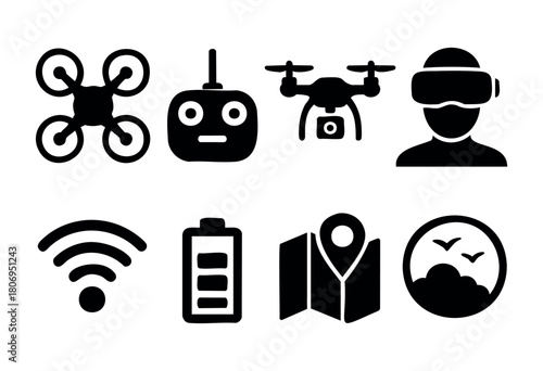 Set of simple black icons representing drone technology, a remote controller, virtual reality headset, battery, map, and wireless signals, illustrating modern aerial exploration.