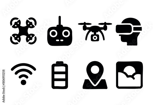 A collection of black silhouette icons illustrates various technological elements like drones, virtual reality, remote controls, and connectivity symbols, capturing modern innovation themes.