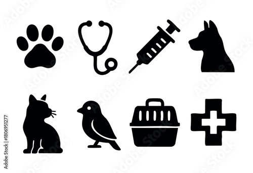 Various black icons depict essential elements of veterinary care, including a paw print, stethoscope, syringe, and pet silhouettes, showcasing love for animals and healthcare.