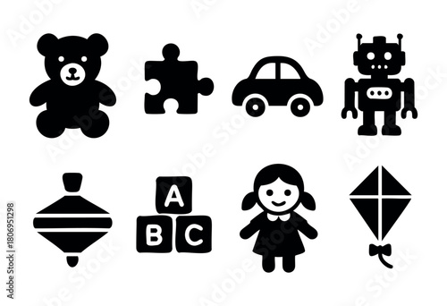 Colorful icons represent various toys and activities for children, including a teddy bear, car, robot, and a girl with a kite, suitable for educational materials or children's events.