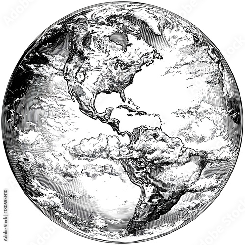 Illustration of Earth showing North and South America with clouds