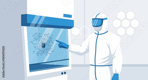 Advanced technological research depicted through a scientist in protective gear interacting with