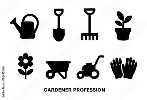 Simple black symbols illustrate various gardening tools. Items include watering can, shovel, rake, plant pot, flower, wheelbarrow, lawnmower, and gloves, highlighting the gardener profession.