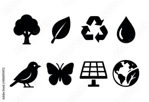 Various icons illustrate important environmental themes including trees, leaves, water conservation, recycling, and renewable energy sources like solar power and wildlife.