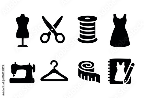 A collection of sewing tools and fashion design elements includes a dress form, scissors, a sewing machine, and measuring tape on a clean background, ideal for creative inspiration.