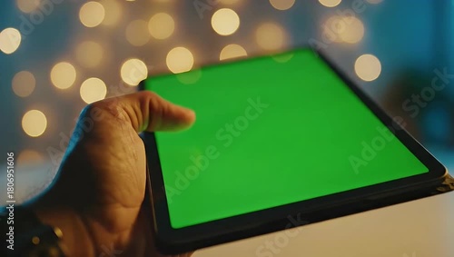 Close Up Hand Holding Tablet with Green Screen Display Against Bokeh Lights in Dim Environment