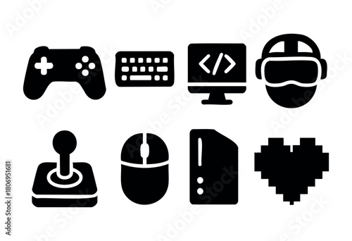 A collection of black silhouettes showcasing gaming and computer elements including a game controller, keyboard, VR headset, and mouse, highlighting the tech world.