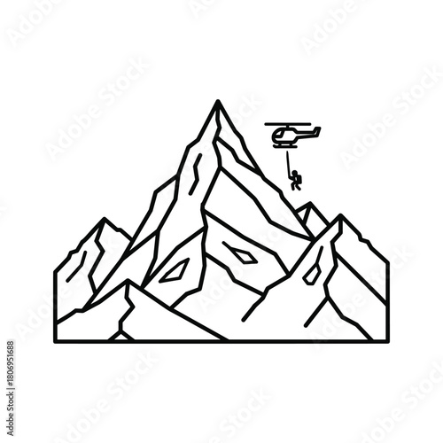Helicopter mountain rescue operation line icon, emergency medical service aid in dangerous alpine peaks illustration.