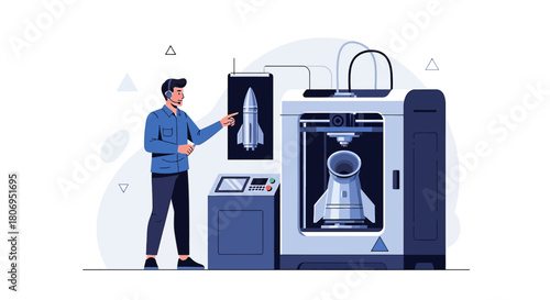 Aerospace innovation demonstration: Operator showcasing 3D printing of rocket prototype