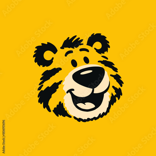 Cheerful tiger face with black stripes on yellow background