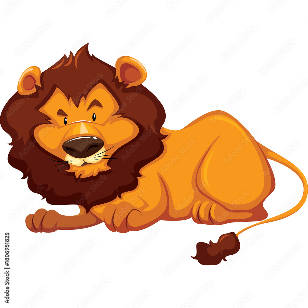 Obraz premium Stylized cartoon lion with brown mane and tail lying down on a transparent background with a fierce expression