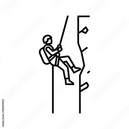 Rock climbing or rappelling line art icon. climber descending cliff with rope, helmet, and backpack in outdoor adventure.