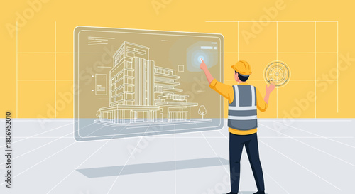 Architectural design with advanced technology represented by engineer using digital blueprint for