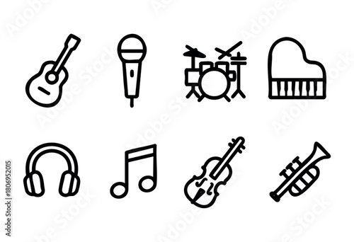 Different musical instruments and symbols are displayed, including a guitar, microphone, drums, piano, headphones, musical notes, violin, and trumpet. They represent the spirit of music.