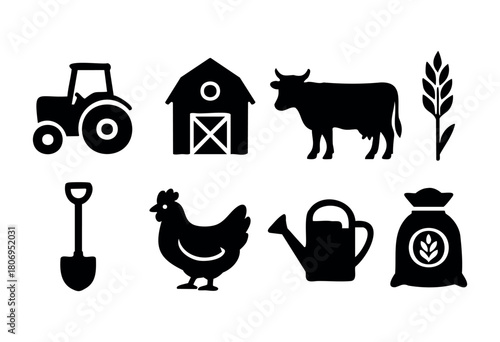 A collection of black icons depicting a tractor, barn, cow, wheat, shovel, chicken, watering can, and a sack of grain, symbolizing farm life and agriculture.