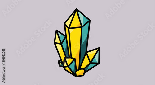 Vibrant crystal cluster illustration with yellow and teal colors on a light background.