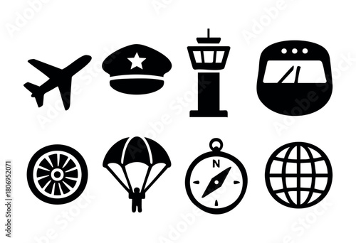 Various icons representing air travel are shown, including an airplane, pilot cap, control tower, and parachute, highlighting the elements of aviation and adventure.