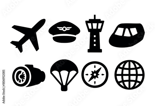 Various icons representing air travel are shown, including an airplane, pilot cap, control tower, and parachute, highlighting the elements of aviation and adventure.