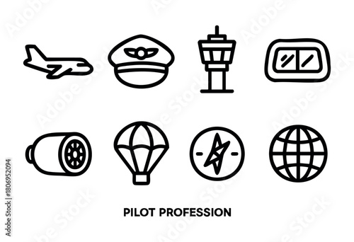 Various symbols associated with the pilot profession are displayed, including an airplane, pilot hat, control tower, and navigation tools, emphasizing aviation elements.