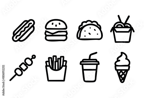 A colorful assortment of fast food items is displayed, featuring a hot dog, hamburger, taco, fry basket, skewers, a drink, and an ice cream cone against a white backdrop.